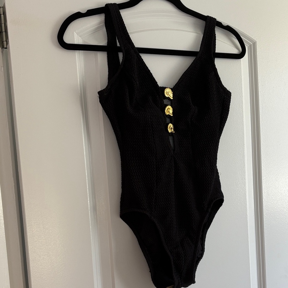 Elegant Black One Piece with Gold shell Accents